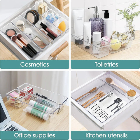 Sweet Clear Drawer Organizers, Slick Non Toxic Plastic Bins For Makeup And Vanity Gear, shown in various organizational setups.