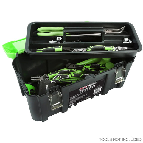 Open Dual Tool Box Set With 19 Inch Plastic Portable Box, On The Go Organizer Tray, 3 Compartments, Lockable Latches Visible