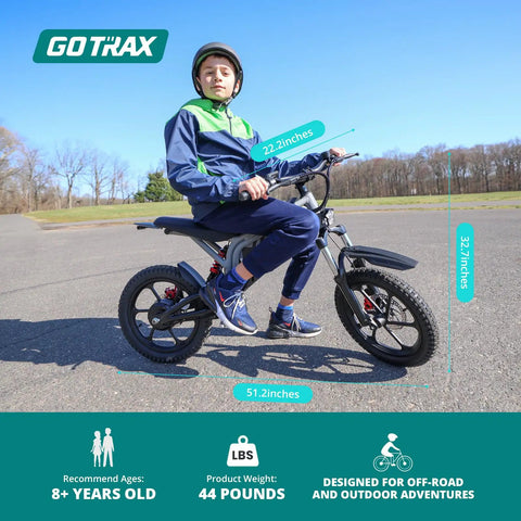 Young rider on Off Road Electric Dirt Bike With 16 Inch Pneumatic Tires 300W Brushless Motor 15.5 MPH Top Speed trail ready.