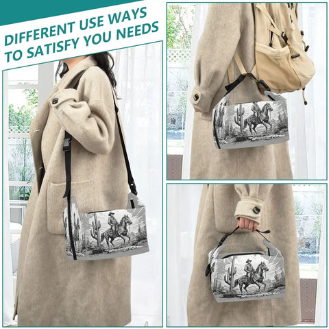 Cowboy Rides A Horse Desert Themed Insulated Lunch Bag For Work Or School carried by woman with different styles