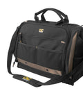 Black heavy duty tool bag with 50 pockets and large center compartment, zippered spill proof design, for power tools and trade pros.