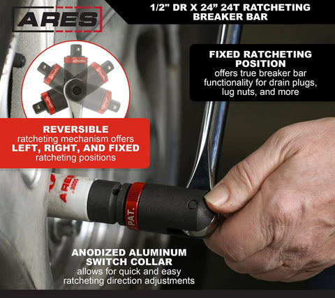 Three Eighths Inch Drive Ratcheting Breaker Bar, 15 Inch Length, 24 Tooth Ratchet, used to loosen fasteners on vehicle wheel.