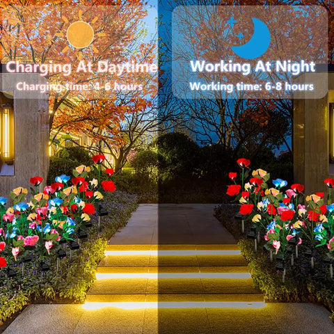 Outdoor Solar Garden Lights 4 Pack Waterproof With 20 Realistic Solar Roses Multi Color Changing Flower Decor illuminating at night.