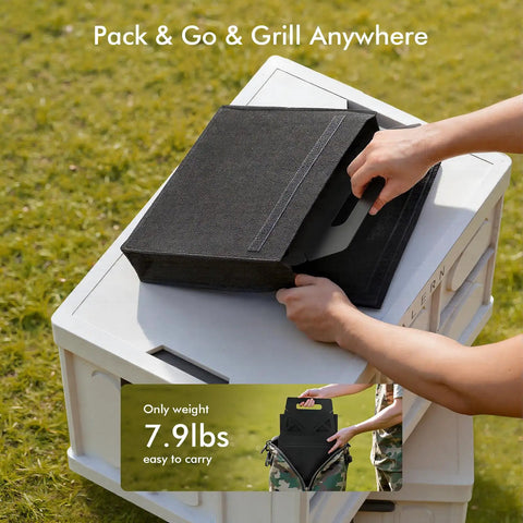Person packing Charcoal Folding Portable Grill With Carry Bag for outdoor cooking, compact design, lightweight, easy to carry