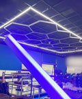 Hexagon 14 Grid LED Garage Light Kit With Blue Border Frame For Garage Or Workshop, 81 Light Assembly, ceiling view