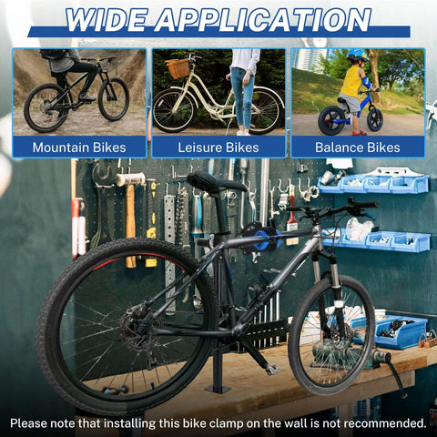 Height Adjustable Bike Repair Stand For Bench Mount, holding a black mountain bike in a garage setting, tools visible in background.