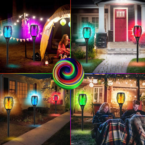 Cool Multicolor Solar Torch Lights Waterproof Outdoor Path Lighting With Dancing Flame Effect 7 Color LED Modes display