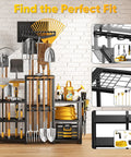 Ultra Large 86 Tool Capacity Freestanding Garden Tool Organizer in garage with rakes and shovels, 61-inch heavy duty rack shown