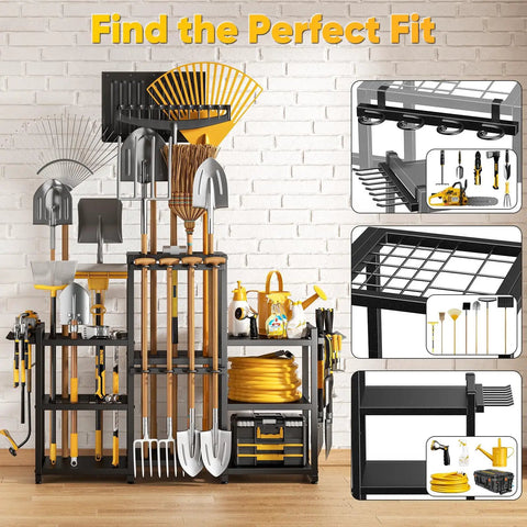 Ultra Large 86 Tool Capacity Freestanding Garden Tool Organizer in garage with rakes and shovels, 61-inch heavy duty rack shown