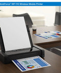 Portable Wireless Color Mobile Printer With Built In Battery For On The Go Printing, Compact Travel Friendly Design, Flexible Battery Charging Options For Photos And Documents shown printing a document on a desk.