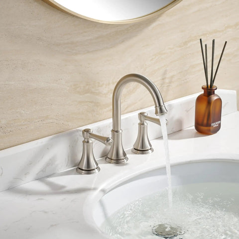 2 Handle 8 Inch Widespread Bathroom Sink Faucet Brushed Nickel With Pop Up Drain High Arc Modern Vanity Faucet For 3 Holes 360 Degree Swivel Spout Solid Brass Lead Free Waterway CUPC NSF61 CEC Certified installed on marble countertop