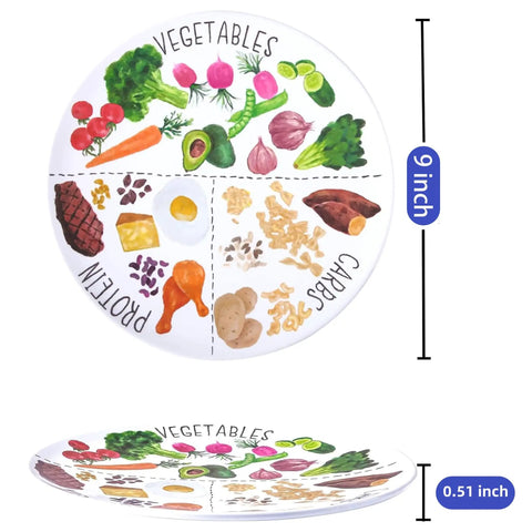 9 Inch Portion Control Plate For Healthy Eating And Weight Loss - Melamine Dinner Plate For Adults And Teens, Ideal For Diabetes Management, 2 Pack showing 3 food sections for protein, vegetables, and carbs.