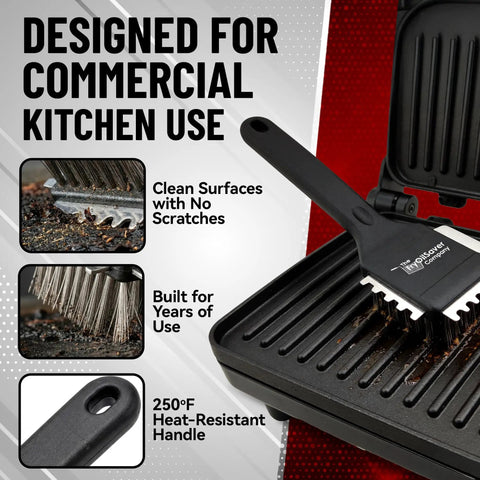Heavy Duty 3 In 1 Panini Grill Brush Cleaner With Stainless Steel Scraper Tool on a commercial grill for effective cleaning.