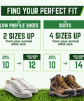 Diagram showing size guide for Spiked Lawn Aerator Shoes Adjustable For Grass And Garden Yard Care With Heavy Duty Stainless Steel Spikes