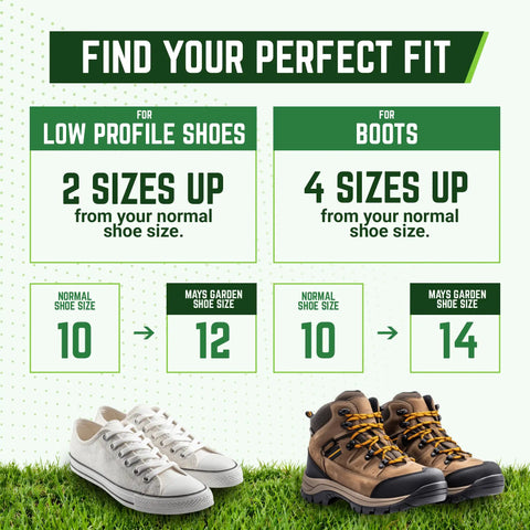 Diagram showing size guide for Spiked Lawn Aerator Shoes Adjustable For Grass And Garden Yard Care With Heavy Duty Stainless Steel Spikes