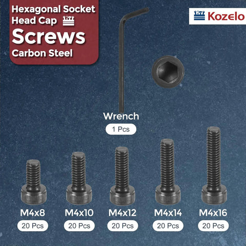 Badass 100 Pcs M4 Hex Socket Head Cap Screws Assorted Bolt Kit Zinc Plated Carbon Steel bolts in various sizes with wrench