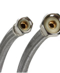 Close-up of Braided Stainless Steel Faucet Connector 3/8-Inch Female Compression To 1/2-Inch FIP Thread, 30-Inch Length