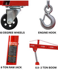 360 degree wheel, 8 ton ram jack, engine hook, 0.5-2 ton boom of Killer Folding Engine Hoist 2 Ton Capacity With Six Rolling Wheels Cherry Picker Crane.