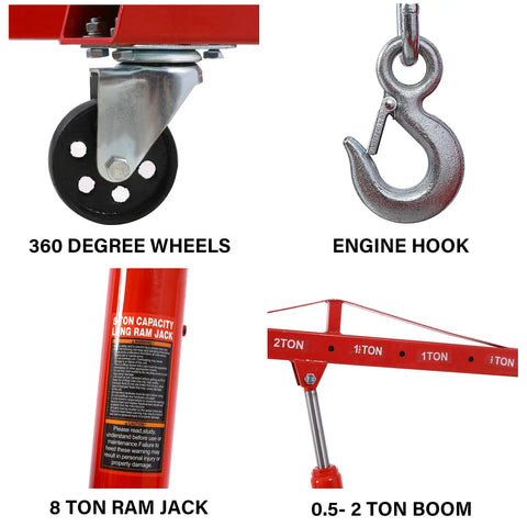 360 degree wheel, 8 ton ram jack, engine hook, 0.5-2 ton boom of Killer Folding Engine Hoist 2 Ton Capacity With Six Rolling Wheels Cherry Picker Crane.