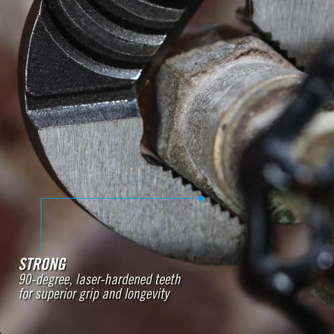Close-up of 12 Inch Tongue And Groove Pliers With Straight Jaw For Boss Grip Laser Heat Treated Teeth And Undercut No Slip Design.