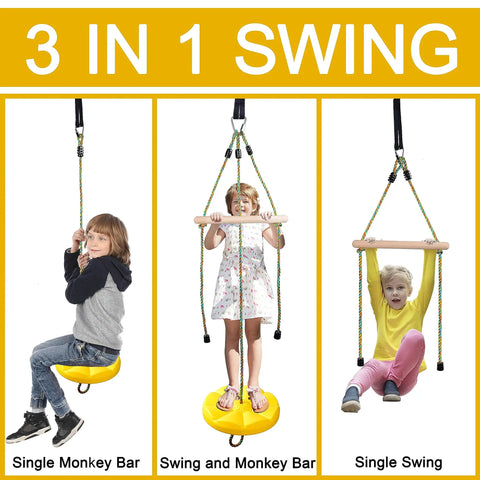 3 In 1 Kids Swing Set With Monkey Bars And Rainbow Rope, Adjustable Swing, Carabiner, Extra Hanging Straps, Heavy Duty Outdoor Zipline Playset For Backyard Fun And Playtime