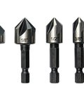 5 Piece Countersink Drill Bit Set With 82 Degree Counter Sink, Includes 1/4, 3/8, 1/2, 5/8, 3/4 Inch Bits In Aluminum Carry Case