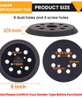 Close-up of 5 Inch Sander Replacement Pad Kit With 4 Hook And Loop Foam Backing Pads and 30 Sanding Discs showing dimensions