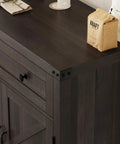 Top angled view of dark brown Coffee Bar Cabinet With Drawer And Two Door Cabinet Modern Farmhouse Kitchen Storage Sideboard.