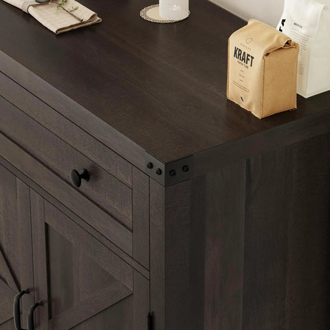 Top angled view of dark brown Coffee Bar Cabinet With Drawer And Two Door Cabinet Modern Farmhouse Kitchen Storage Sideboard.