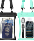 Floatable Waterproof Phone Pouch 2 Pack Up To 10.0 Inch Black And Green Case With IPX8 Seal Snap Lock displays passport and gadgets