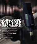 X1 A Large Diaphragm Condenser Microphone With 100 Hz Filter And Minus Twenty Decibels Pad For Singing And Instruments A Pro Grade Studio Mic in use with text overlay on sound capabilities