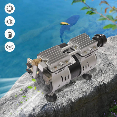 Three Quarter HP Pond Aeration Pump With Quiet Silencer, 1680 RPM, Delivers 85 Liters Per Minute Air Flow shown outdoors