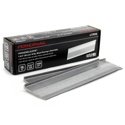 Box of 16 Gauge 1-3/4 Inch L-Cleat Nails For Hardwood Flooring with stack of nails beside, totaling five thousand nails.