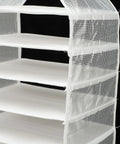 Nine Compartment Hanging Closet Organizer With Heavy Duty Hook And Washable PVC Fabric For Super Handy Clothes Storage Multi Layer Wardrobe Bag To Keep Your Dresser Clutter Free And Hassle Free, showcasing white mesh compartments.