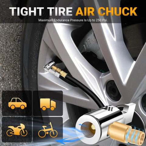 All Metal Lock On Air Chuck For Tire Inflation 90 Degree Locking Valve Chuck attached to a car tire valve