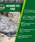 Close-up of Real Deal Black Expanding Polyurethane Foam Sealant filling gaps in rocky terrain, ideal for pond leaks and waterproofing.