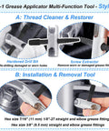 Beefy 2-Piece Alloy Steel 4-Way Grease Zerk Fitting Tool in use for installation and removal, showing hex sizes and threads