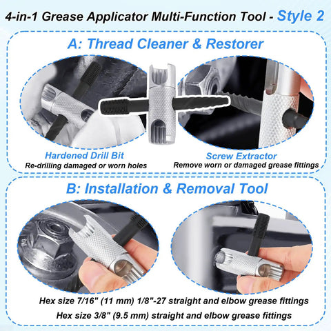 Beefy 2-Piece Alloy Steel 4-Way Grease Zerk Fitting Tool in use for installation and removal, showing hex sizes and threads