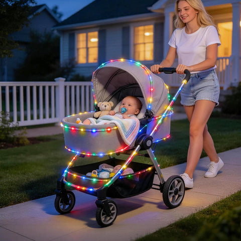 Stroller decorated with 2 Pack Battery Operated Outdoor String Lights With 8 Modes, in a nighttime setting on a sidewalk.