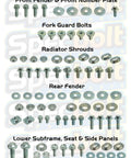 All In One Full Plastics Body Fastener Bolt Kit For Yamaha YZ450F 2018 To Current With OEM Style Hardware Includes Fenders Fork Guards Seat Shrouds Bushings Complete, laid out with bolts and washers