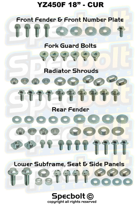 All In One Full Plastics Body Fastener Bolt Kit For Yamaha YZ450F 2018 To Current With OEM Style Hardware Includes Fenders Fork Guards Seat Shrouds Bushings Complete, laid out with bolts and washers
