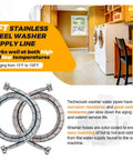 6 Foot Stainless Steel Braided Washing Machine Hoses with red and blue color-coding in a laundry room setup.