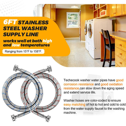 6 Foot Stainless Steel Braided Washing Machine Hoses with red and blue color-coding in a laundry room setup.
