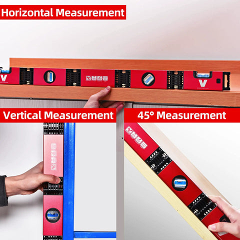 Foldable 28 Inch Magnetic Level with 45 90 180 bubble angles showing horizontal, vertical, and 45-degree measurements on surfaces.