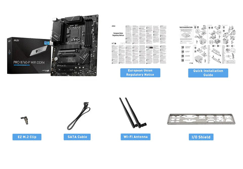 ProSeries Intel LGA1700 ATX Motherboard With DDR4, PCIe 4.0, accessories including box, antenna, cables, and manuals