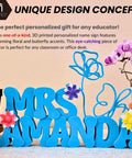 Custom 3D Printed Teacher Desk Name Plate Personalized Sign With Bold 3D Letters Dope Classroom Decor Perfect Teacher Gift Daycare Office Name Tag For Desk with floral accents on "Mrs. Amanda"