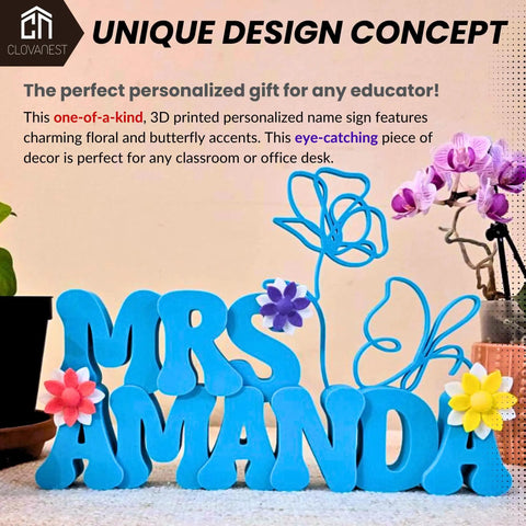 Custom 3D Printed Teacher Desk Name Plate Personalized Sign With Bold 3D Letters Dope Classroom Decor Perfect Teacher Gift Daycare Office Name Tag For Desk with floral accents on "Mrs. Amanda"