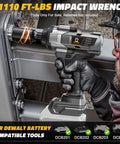 Badass Brushless Cordless Impact Wrench Built With A Heavy Half Inch Drive To Hand Out Hella 1000 Ft Lbs Of Knockout Torque Alongside Bright LED Lighting And Smooth 2100 RPM Speed Ready To Crush Any Garage Task As Bare Tool Only, shown in use.