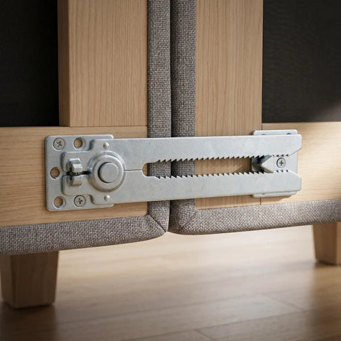 Heavy Duty Sectional Couch Connectors Built Tough Metal Sofa Clips With Modular Furniture Assembly Interlocking Alligator Brackets Offering Badass Grip That Keeps Your Living Room Setup Locked In Tight 4 Pack close-up of silver steel clip securing modular sofa section.