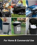 Collage showing 100 Count 55 To 60 Gallon Black Trash Bags Heavy Duty Tear Resistant And Extra Sturdy Commercial Can Liners in various uses.